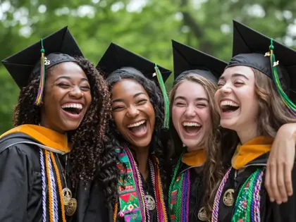 Group of college-level graduates wearing caps, gowns and regalia. 