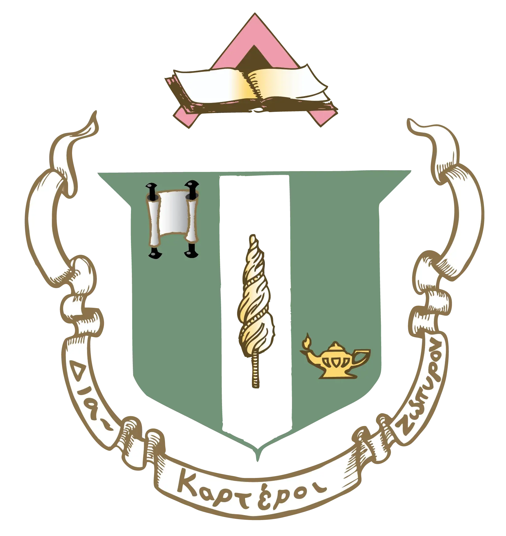 Delta Zeta sorority crest featuring a green and black shield with a scroll, torch, and oil lamp, topped by an open book on a pink diamond finial, with white ribbon banners