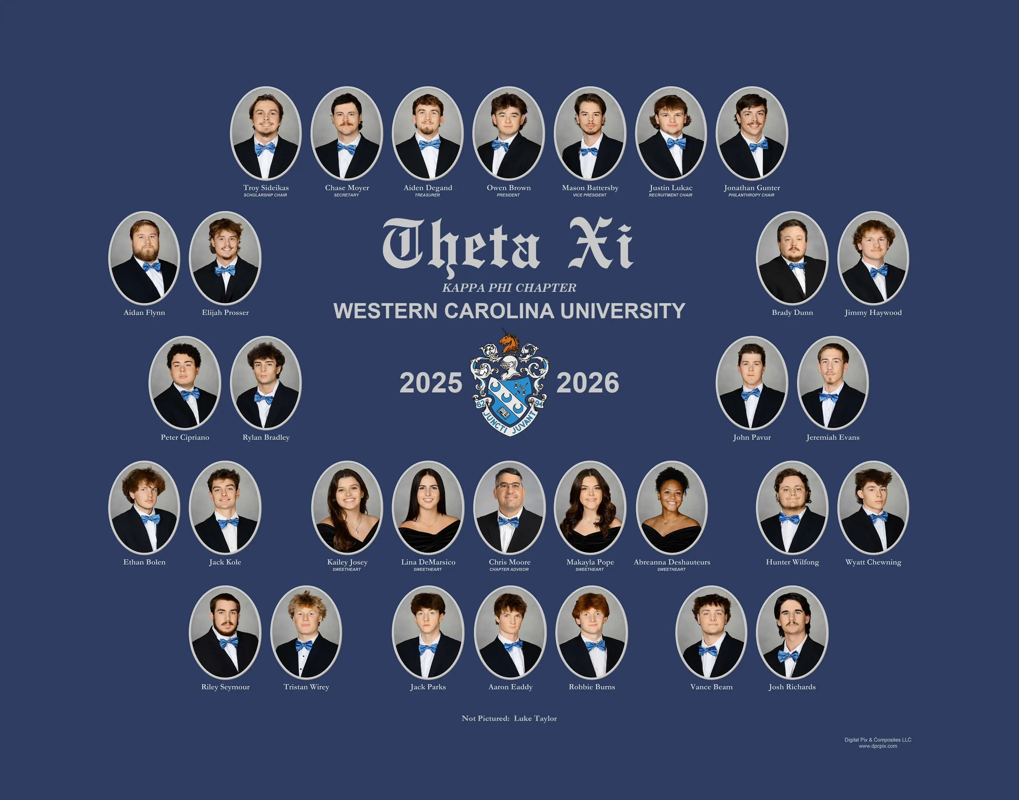 Theta Xi fraternity composite with oval portrait photos arranged in rows around a central crest and "Theta Xi Kappa Phi Chapter Western Carolina University 2025–2026" text on a navy blue background.