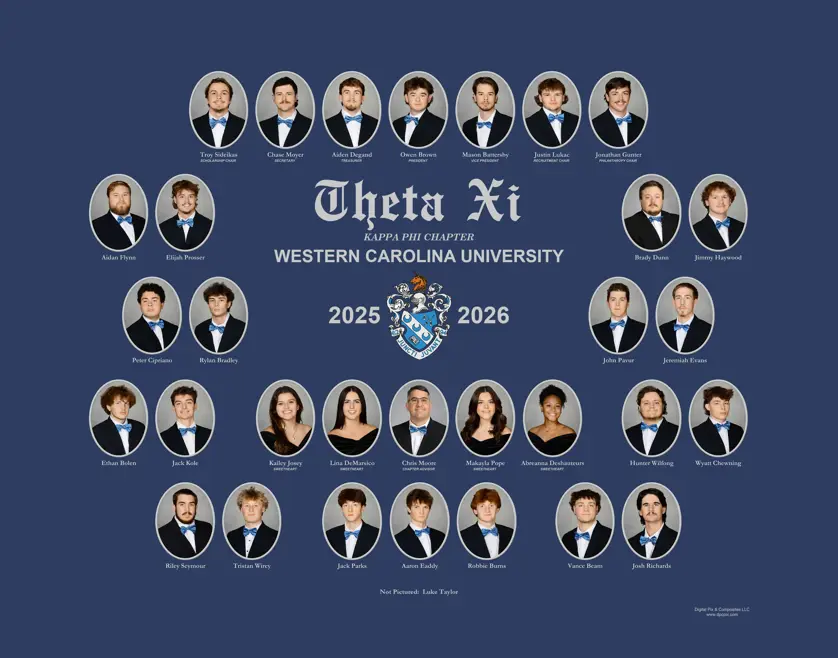Theta Xi fraternity composite with oval portrait photos arranged in rows around a central crest and "Theta Xi Kappa Phi Chapter Western Carolina University 2025–2026" text on a navy blue background.