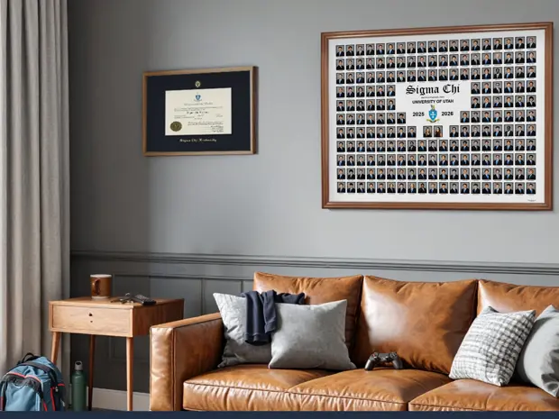 Framed Sigma Chi composite displayed on the wall of a casual living space alongside an award. 
