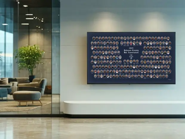 Professional lobby with a large digital display on the wall showcasing a law composite. 