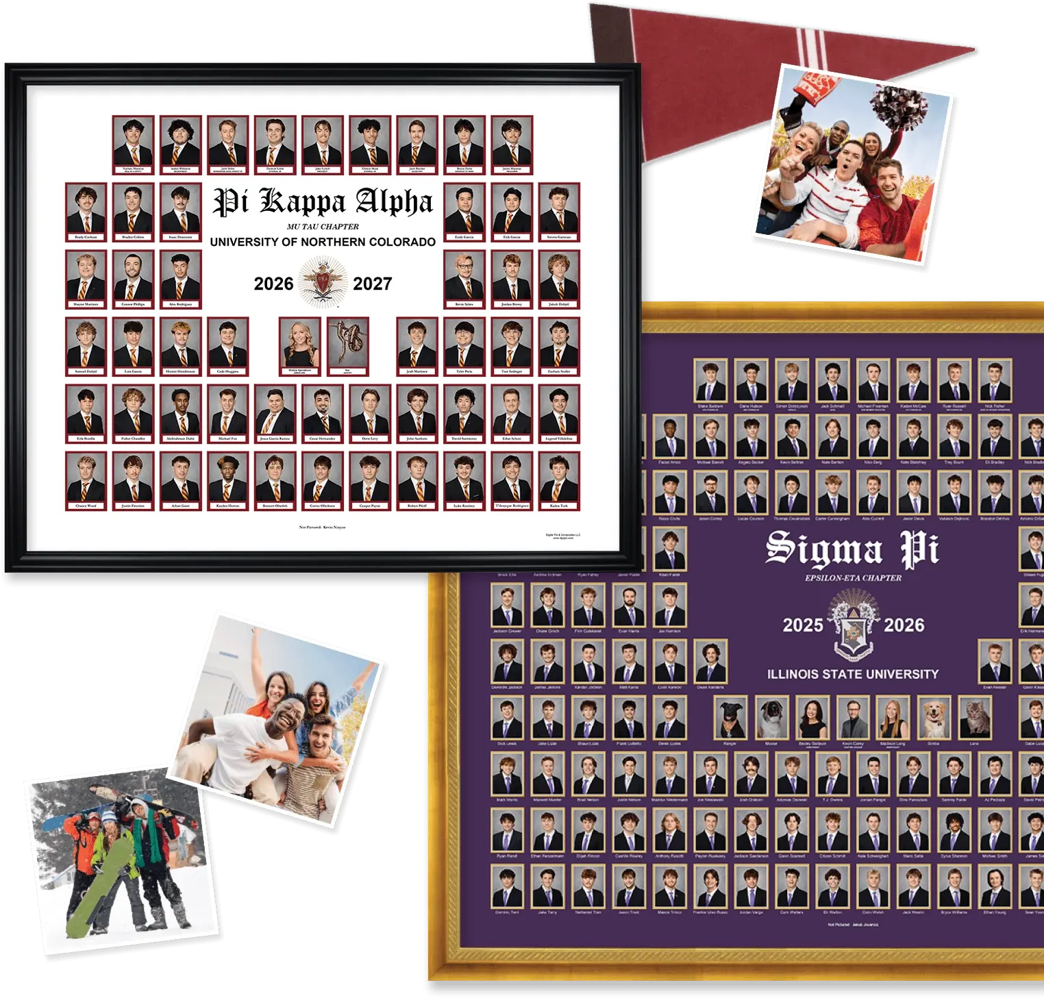 A collage showcasing sample fraternity composites, including a framed Pi Kappa Alpha Mu Tau Chapter University of Northern Colorado 2026–2027 composite on white, a framed Sigma Pi Epsilon-Eta Chapter Illinois State University 2025–2026 composite on purple with a gold frame, a college pennant, and candid photos of fraternity members cheering at a game and posing in snow gear. 