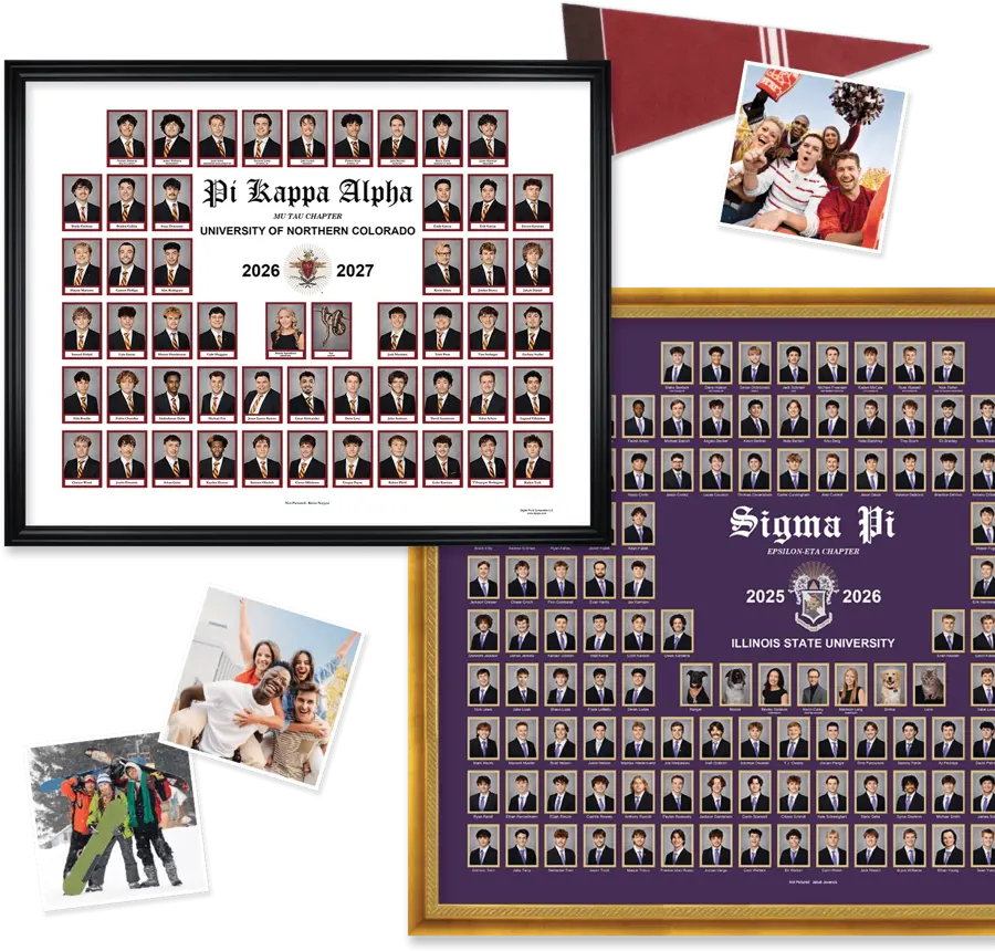 A collage showcasing sample fraternity composites, including a framed Pi Kappa Alpha Mu Tau Chapter University of Northern Colorado 2026–2027 composite on white, a framed Sigma Pi Epsilon-Eta Chapter Illinois State University 2025–2026 composite on purple with a gold frame, a college pennant, and candid photos of fraternity members cheering at a game and posing in snow gear. 
