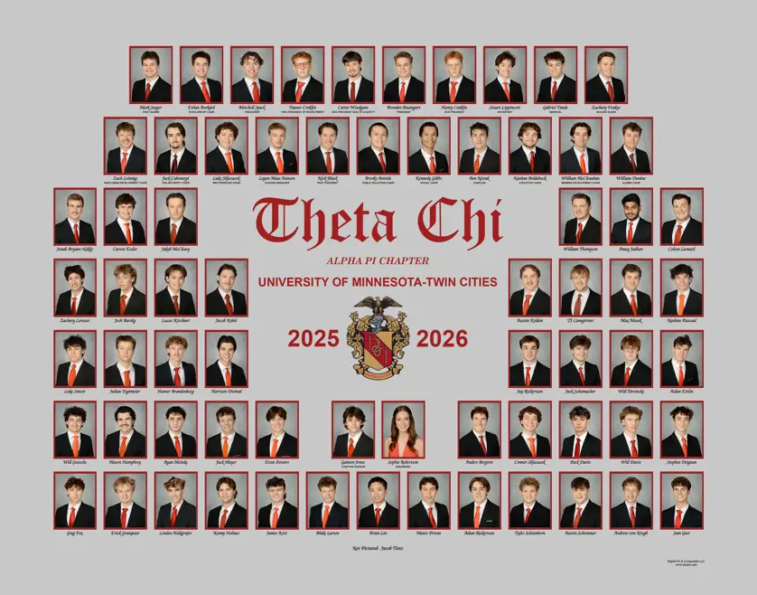 Theta Chi fraternity composite with rectangular portrait photos in red frames around a central crest and "Theta Chi Alpha Pi Chapter University of Minnesota-Twin Cities 2025–2026" text on a gray background. 