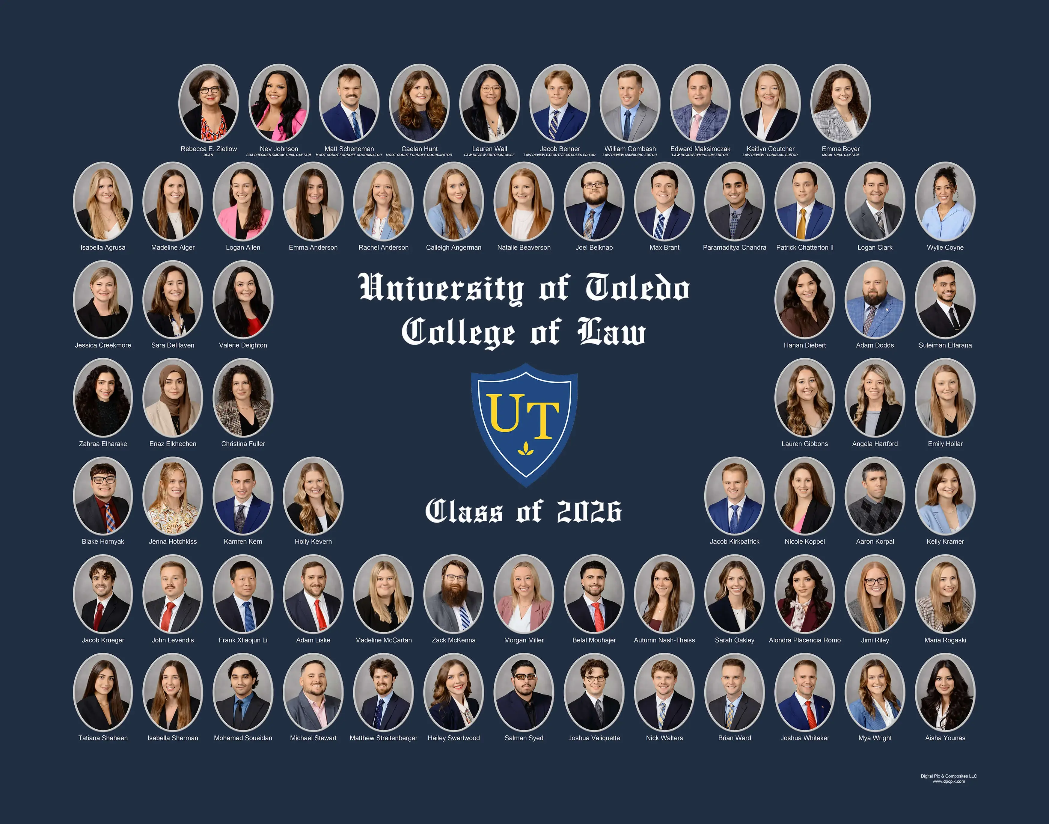 Law student graduation portraits outlined in white arranged in rows with "University of Toledo, College of Law, Class of 2026" in the middle and the school shield on a dark blue background.