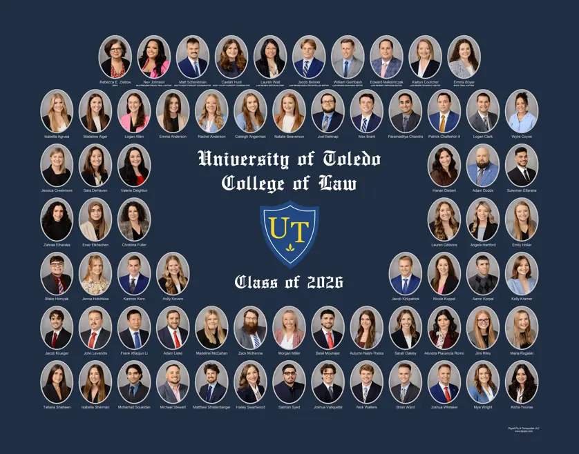Law student graduation portraits outlined in white arranged in rows with "University of Toledo, College of Law, Class of 2026" in the middle and the school shield on a dark blue background.