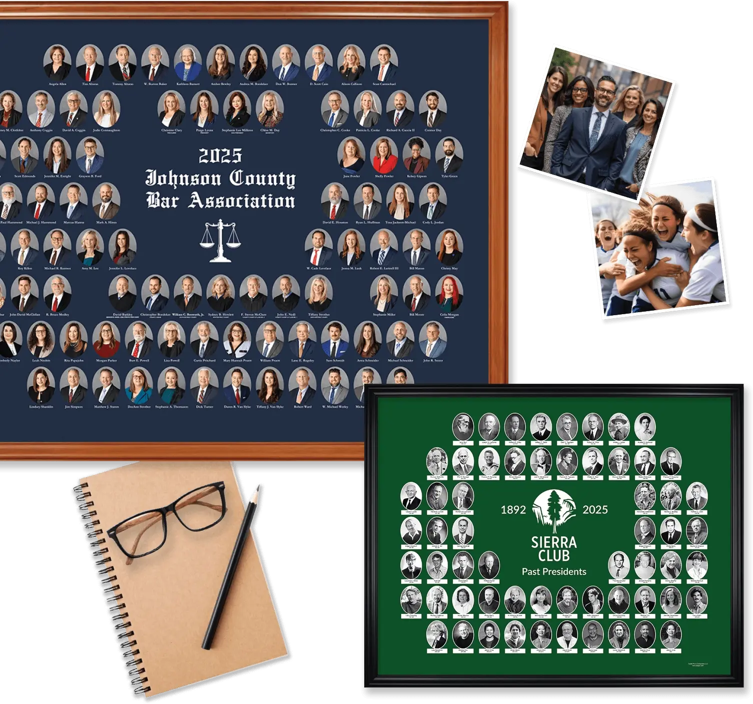 A collage showcasing sample composite photos for professional organizations, including a framed 2025 Johnson County Bar Association member directory with oval headshots on a navy background, a framed Sierra Club Past Presidents composite from 1892–2025 on green, a spiral notebook with glasses and pencil, and two candid group photos. 