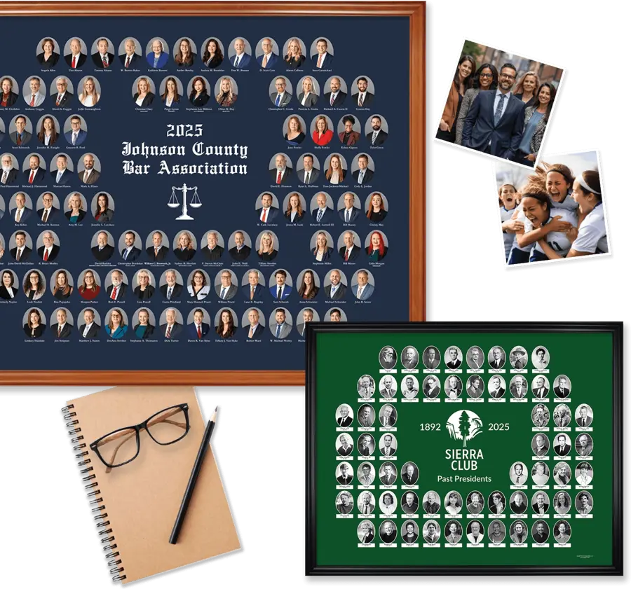 A collage showcasing sample composite photos for professional organizations, including a framed 2025 Johnson County Bar Association member directory with oval headshots on a navy background, a framed Sierra Club Past Presidents composite from 1892–2025 on green, a spiral notebook with glasses and pencil, and two candid group photos. 