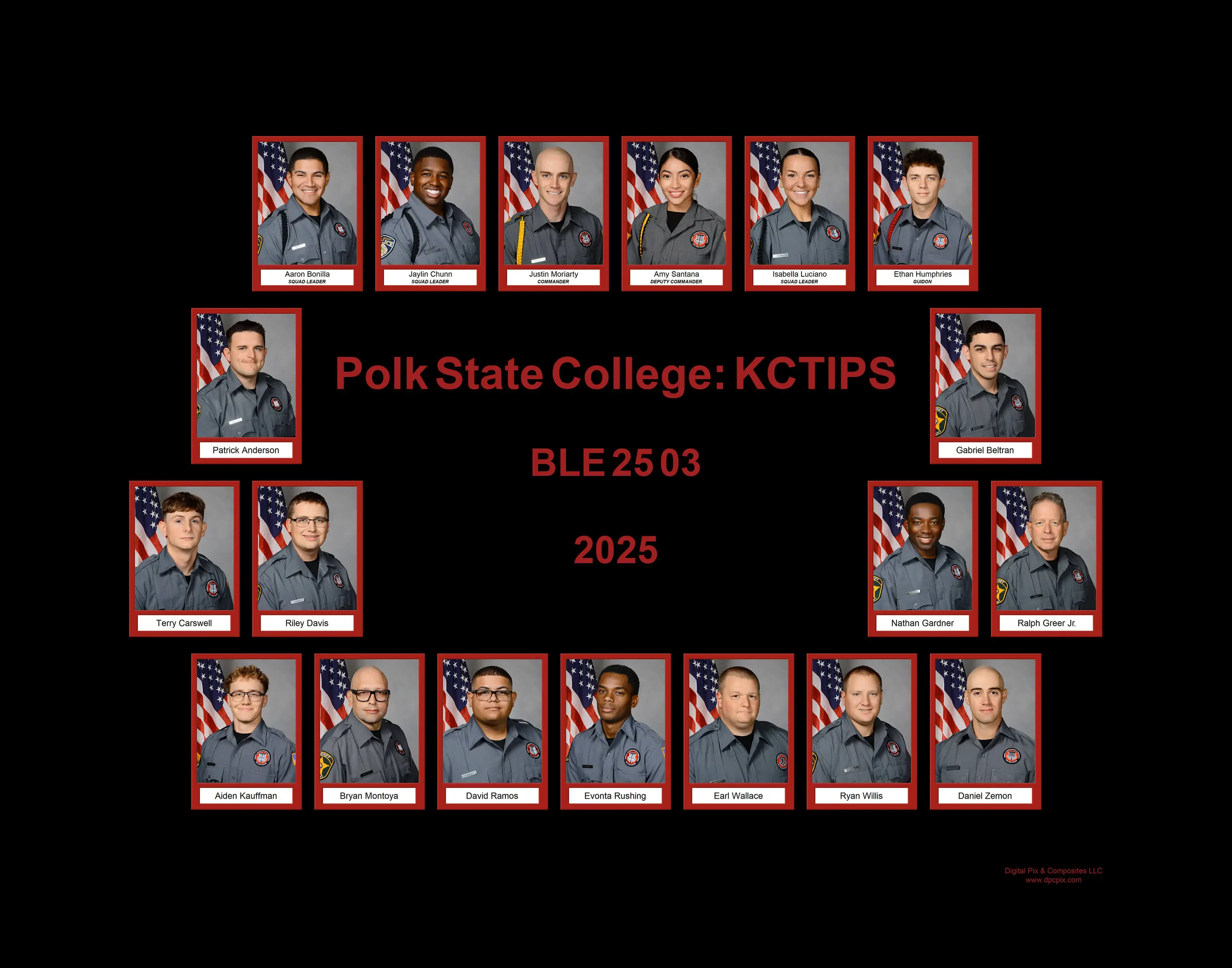Polk State College KCTIPS law enforcement training composite with rectangular portrait photos in red frames arranged in rows around centered "Polk State College: KCTIPS BLE 25 03 2025" text on a black background.