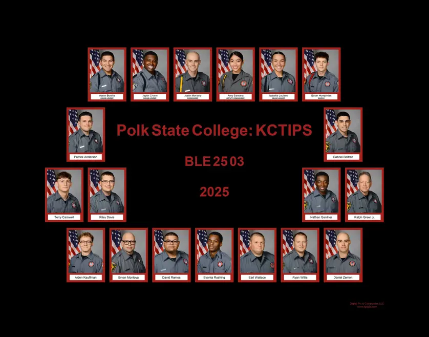 Polk State College KCTIPS law enforcement training composite with rectangular portrait photos in red frames arranged in rows around centered "Polk State College: KCTIPS BLE 25 03 2025" text on a black background.