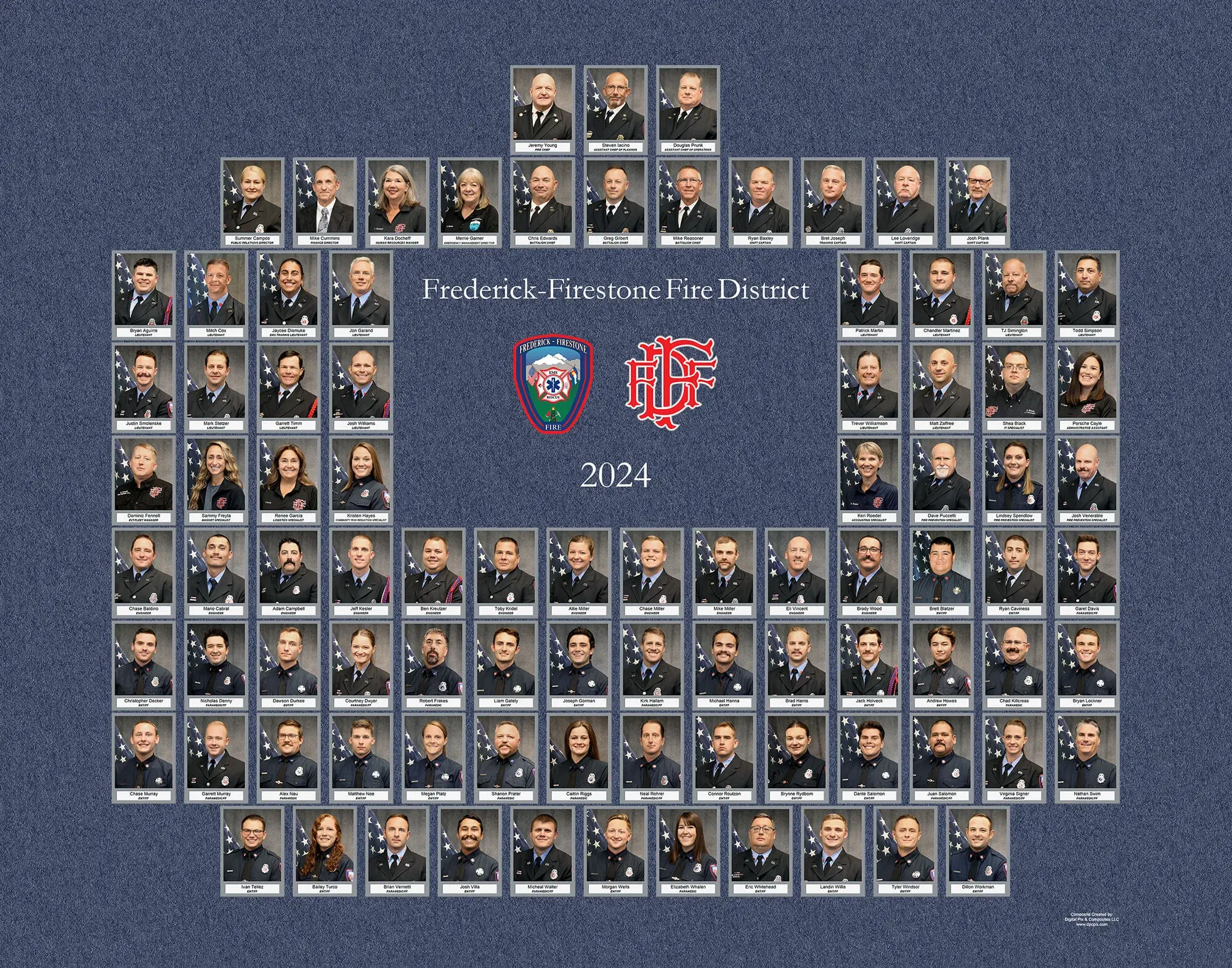 Frederick-Firestone Fire District composite with rectangular portrait photos in gray frames arranged in rows around a central badge, monogram logo, and "Frederick-Firestone Fire District 2024" text on a blue textured background.