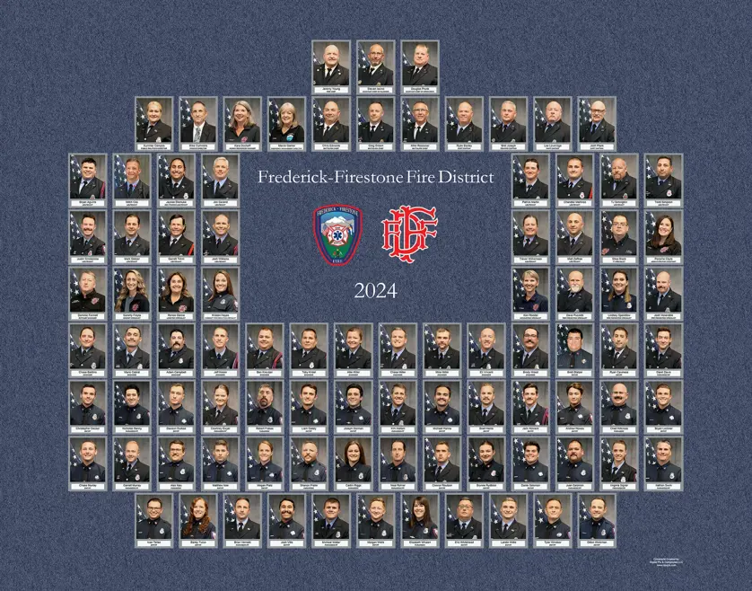 Frederick-Firestone Fire District composite with rectangular portrait photos in gray frames arranged in rows around a central badge, monogram logo, and "Frederick-Firestone Fire District 2024" text on a blue textured background.