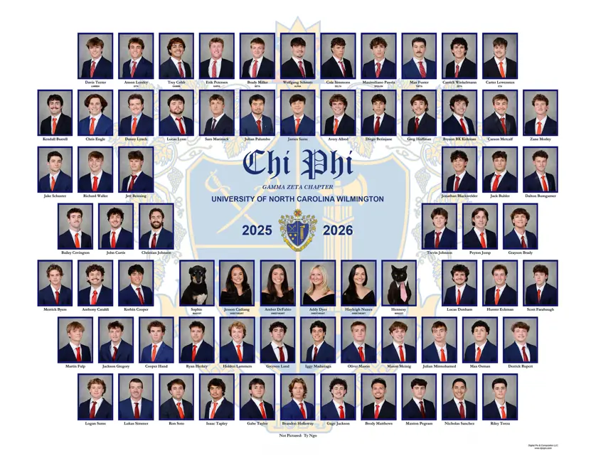 Chi Phi fraternity composite with rectangular portrait photos around a central crest and "Chi Phi Gamma Zeta Chapter University of North Carolina Wilmington 2025–2026" text on a light blue background with a faint watermark crest. 