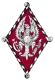 Pi Beta Phi sorority badge featuring a white phoenix or eagle on a crimson diamond shape with a white rope border and the organization's monogram, on a black background.