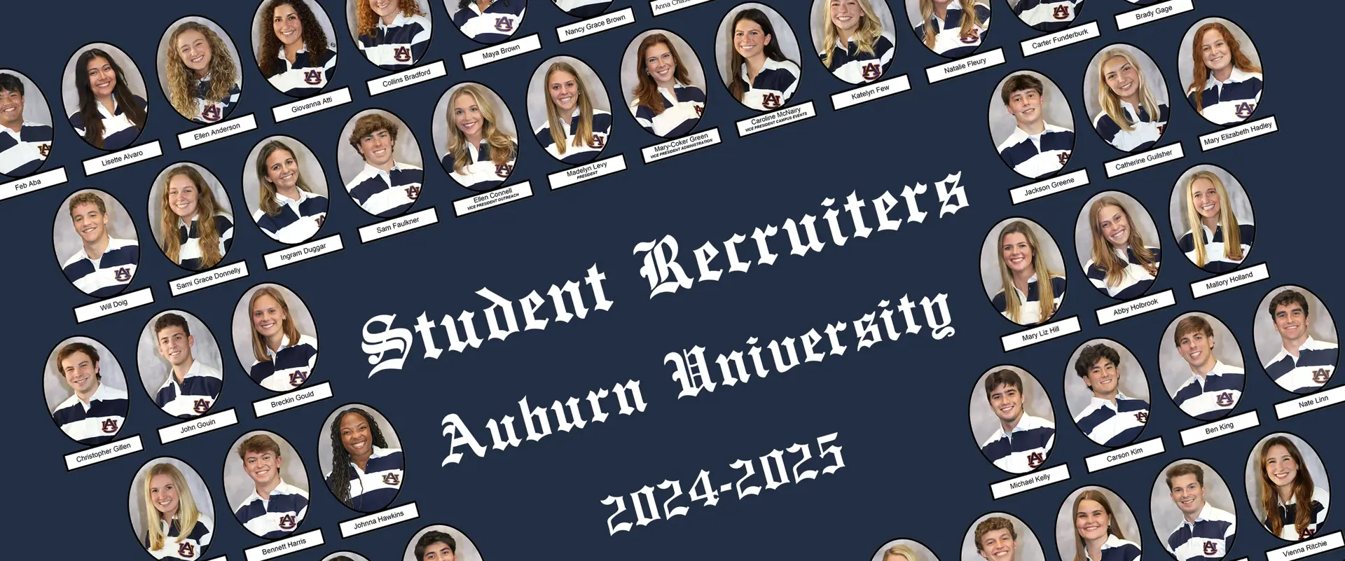 Student group at Auburn University in a composite layout oval photos on a navy background. 
