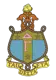 Delta Gamma sorority crest featuring a blue, olive, and pink shield with the Greek letters "Δ" and "Γ" and three stars, topped by a yellow rose and fleur-de-lis, bordered by rope detailing, with a yellow banner reading "Tau Delta Eta."