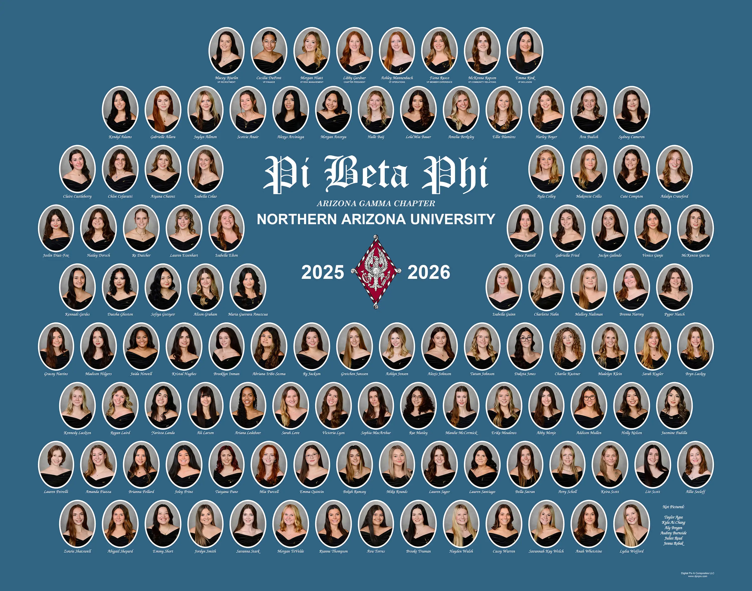 Pi Beta Phi sorority composite with oval portrait photos around a central badge and "Pi Beta Phi Arizona Gamma Chapter Northern Arizona University 2025–2026" text on a blue background. 