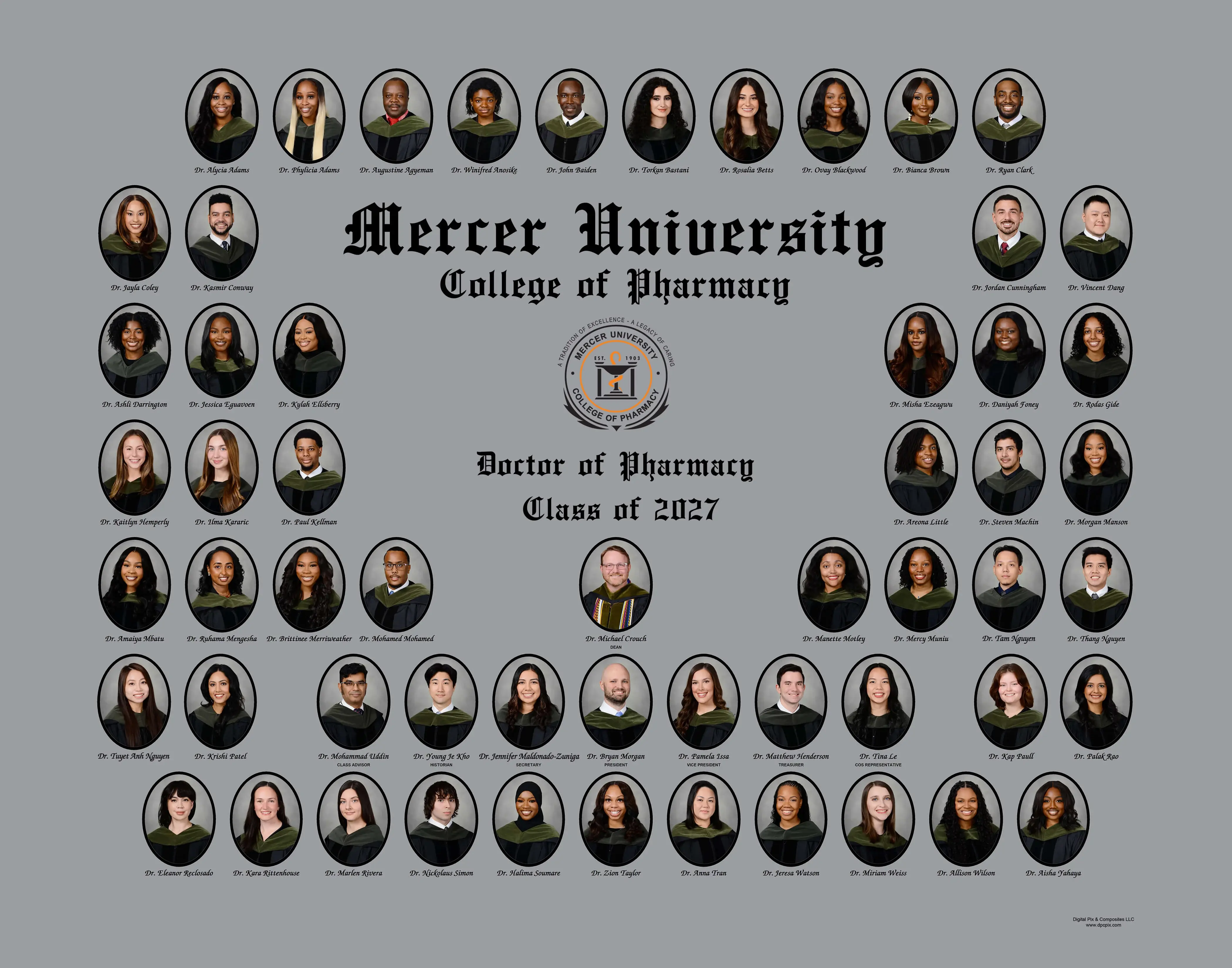 Doctor of Pharmacy graduation composite with oval portrait photos in dark frames with "Mercer University College of Pharmacy", the school logo and "Class of 2026" centered on a medium gray background.