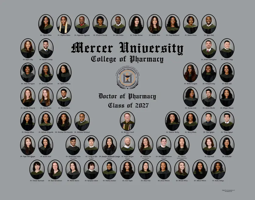 Doctor of Pharmacy graduation composite with oval portrait photos in dark frames with "Mercer University College of Pharmacy", the school logo and "Class of 2026" centered on a medium gray background.