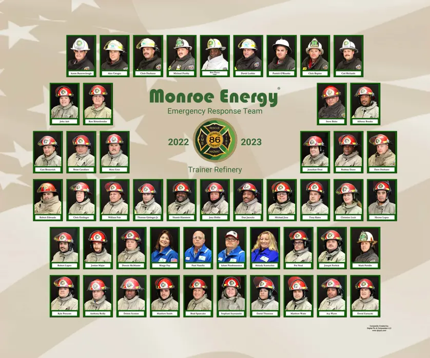 Refinery first responder composite on a tan background with an American flag watermarked. 