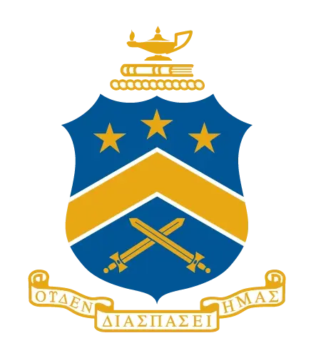 Pi Kappa Alpha fraternity crest featuring a blue and gold shield with three stars, a chevron, and crossed swords, topped by a stacked books and oil lamp finial, with a white banner