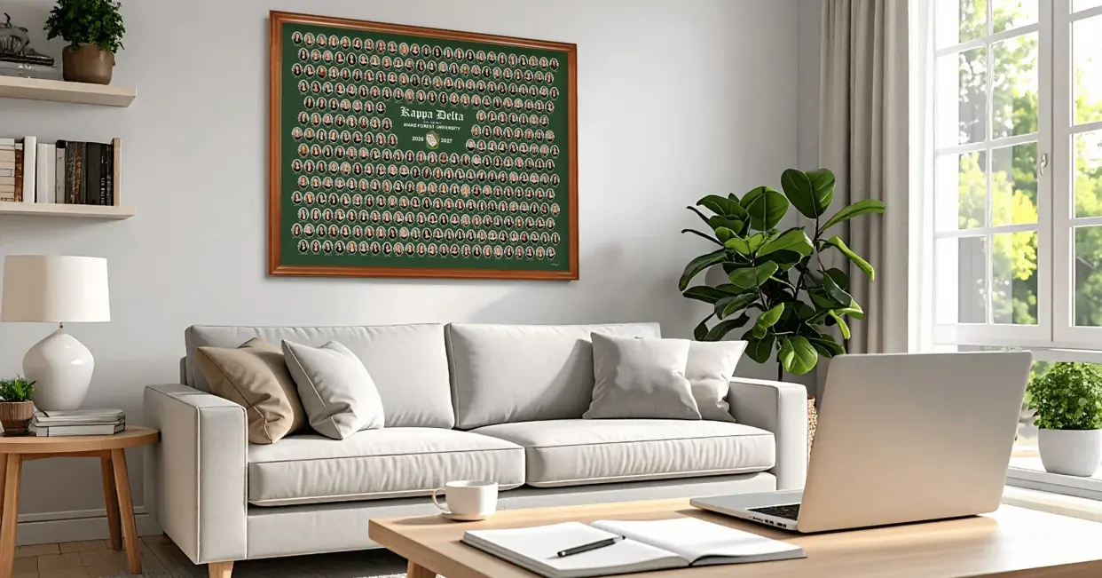A large framed green Kappa Delta composite hanging on the wall of a bright, modern living room above a white couch, with a laptop open on the coffee table, illustrating the cost of a finished Greek life composite.