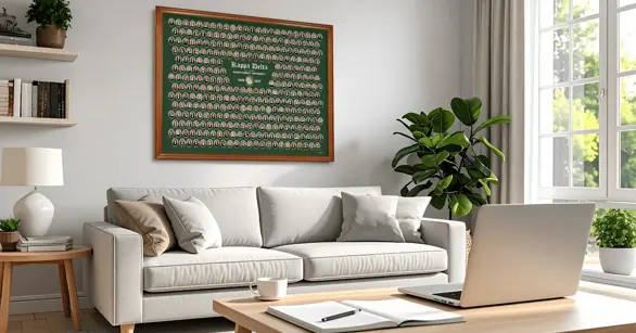 A large framed green Kappa Delta composite hanging on the wall of a bright, modern living room above a white couch, with a laptop open on the coffee table, illustrating the cost of a finished Greek life composite.
