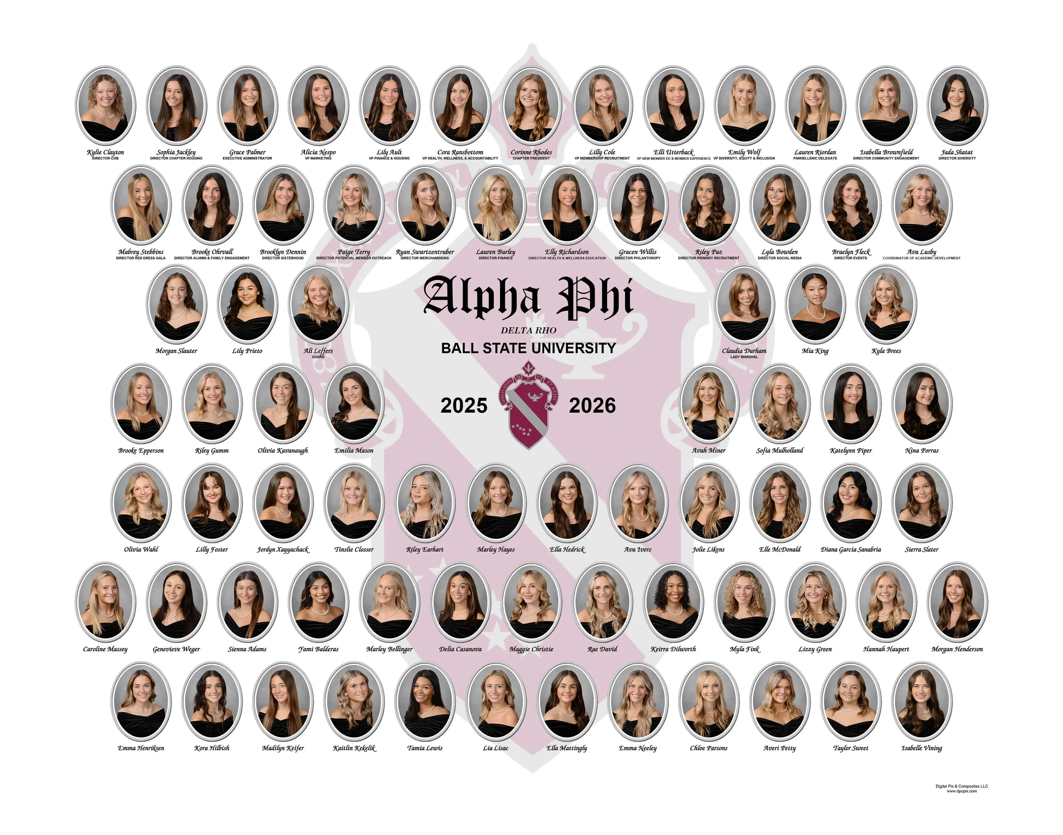 Alpha Phi sorority composite with oval portraits outlined in silver and white arranged in rows with "Alpha Phi, Delta Rho, Ball State University" in the middle along with the years 2025-2026 and the sorority crest on a white background watermarked with the sorority coat of arms.