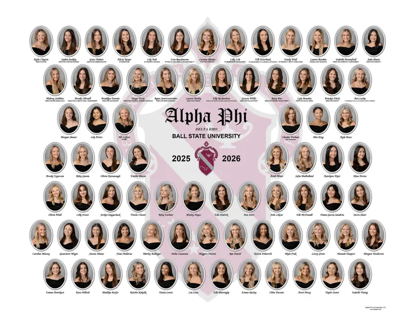 Alpha Phi sorority composite with oval portraits outlined in silver and white arranged in rows with "Alpha Phi, Delta Rho, Ball State University" in the middle along with the years 2025-2026 and the sorority crest on a white background watermarked with the sorority coat of arms.