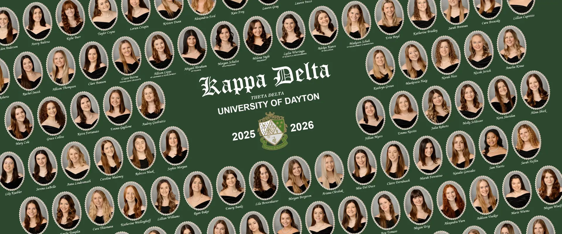 A Kappa Delta (Theta Delta chapter, University of Dayton) 2025–2026 composite, arranging dozens of named member portraits in pearl-bordered ovals around the sorority name and crest on a dark green background.
