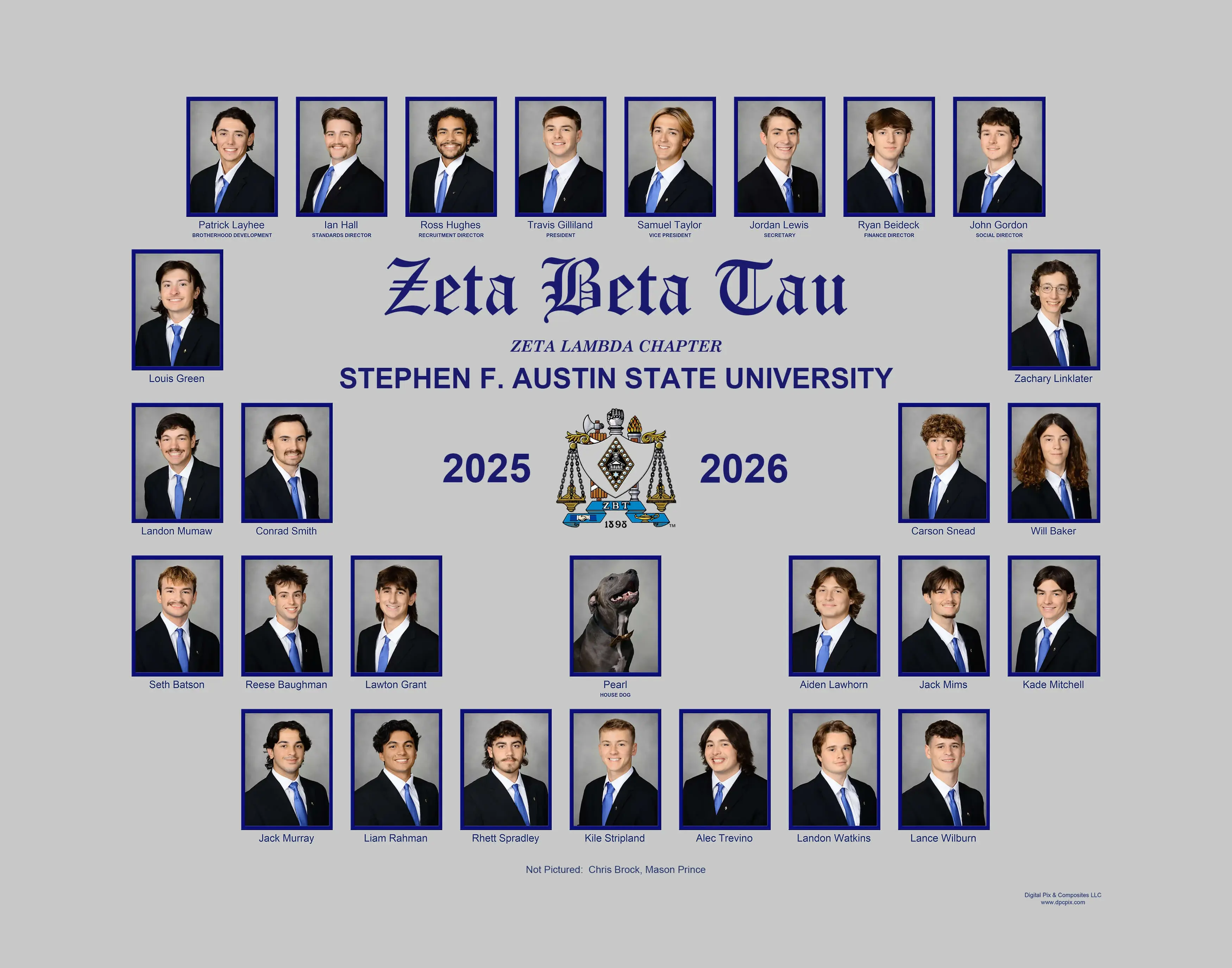 Zeta Beta Tau fraternity composite with rectangular portrait photos in blue frames arranged in rows around a central crest and "Zeta Beta Tau Zeta Lambda Chapter 2025–2026 Stephen F. Austin State University" text on a gray background.