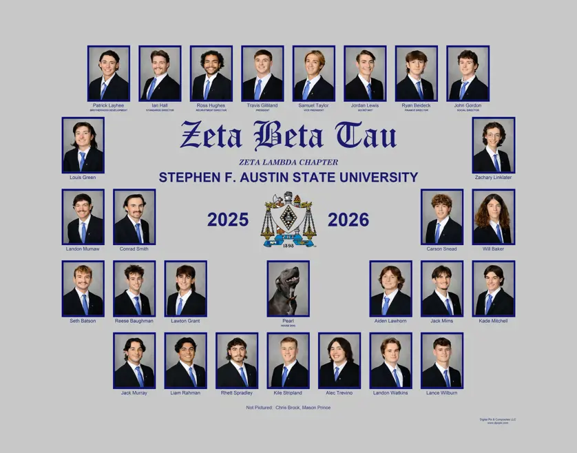 Zeta Beta Tau fraternity composite with rectangular portrait photos in blue frames arranged in rows around a central crest and "Zeta Beta Tau Zeta Lambda Chapter 2025–2026 Stephen F. Austin State University" text on a gray background.