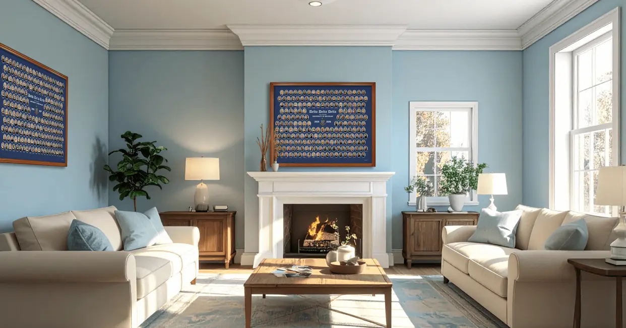 Traditional sorority living room with light blue walls, a white fireplace, and framed Delta Delta Delta composite photos. Furnished with cream sofas, blue accent pillows, wooden cabinets, and plants, with sunlight from large windows.