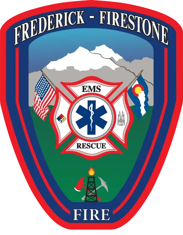 Frederick-Firestone Fire Department official badge featuring a shield shape with a Maltese cross, EMS Star of Life, American and Colorado state flags, a mountain landscape, an oil derrick, and text reading "Frederick-Firestone Fire."