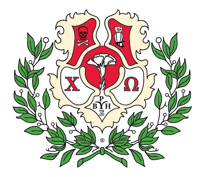 Chi Omega sorority coat of arms featuring a cream and red shield with a skull and crossbones, an owl, a carnation, and the Greek letters "Χ" and "Ω," framed by green laurel branches on a black background.