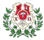 Chi Omega sorority coat of arms featuring a cream and red shield with a skull and crossbones, an owl, a carnation, and the Greek letters "Χ" and "Ω," framed by green laurel branches on a black background.