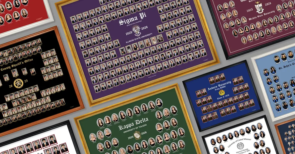 An overlapping arrangement of fraternity and sorority composites in various sizes, colors, and frame styles, showing the range of available composite sizes.