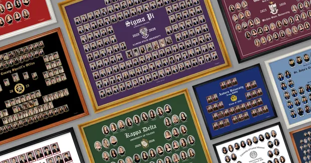 An overlapping arrangement of fraternity and sorority composites in various sizes, colors, and frame styles, showing the range of available composite sizes.