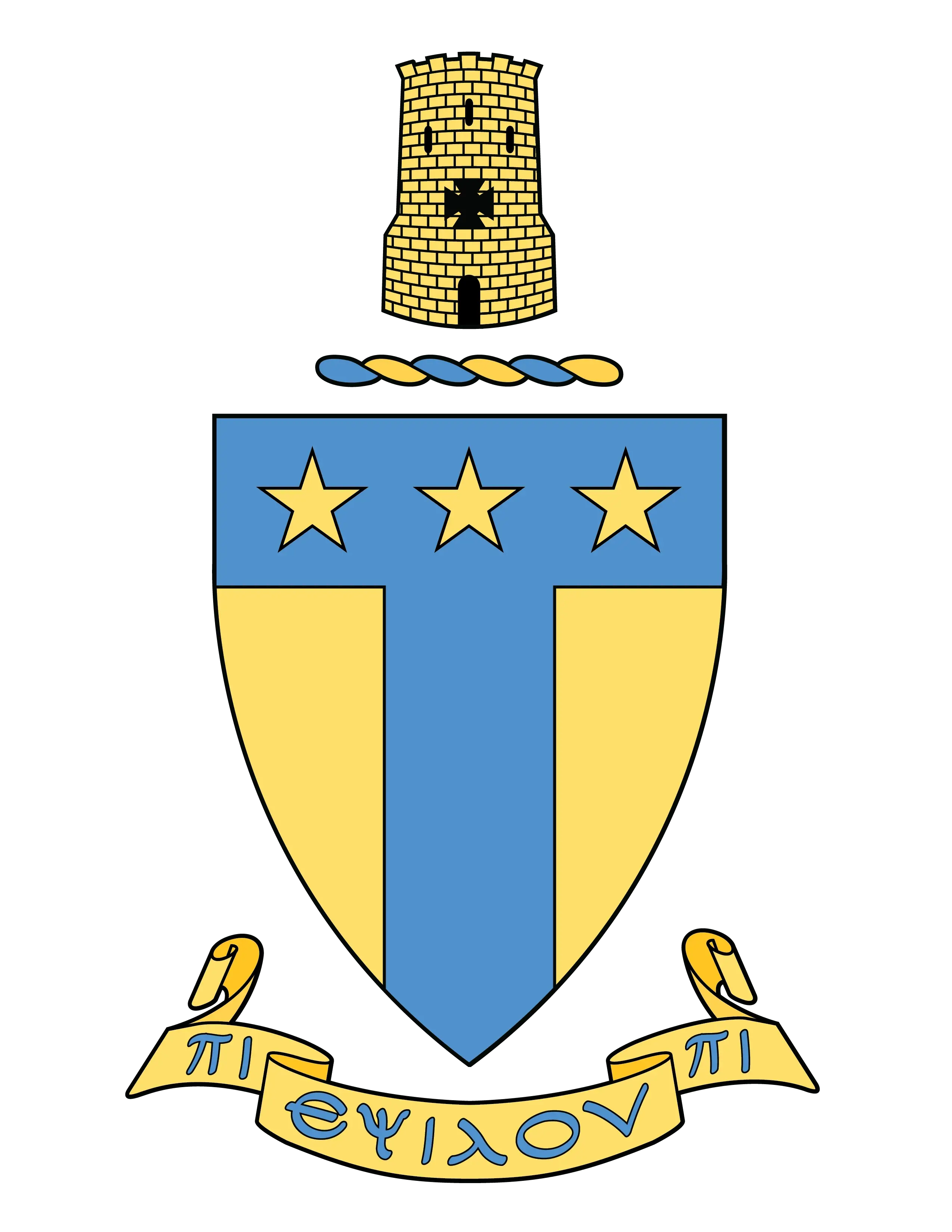 Alpha Tau Omega fraternity crest featuring a blue and gold shield with three stars and a bold "T" design, topped by a stone tower, with a gold banner