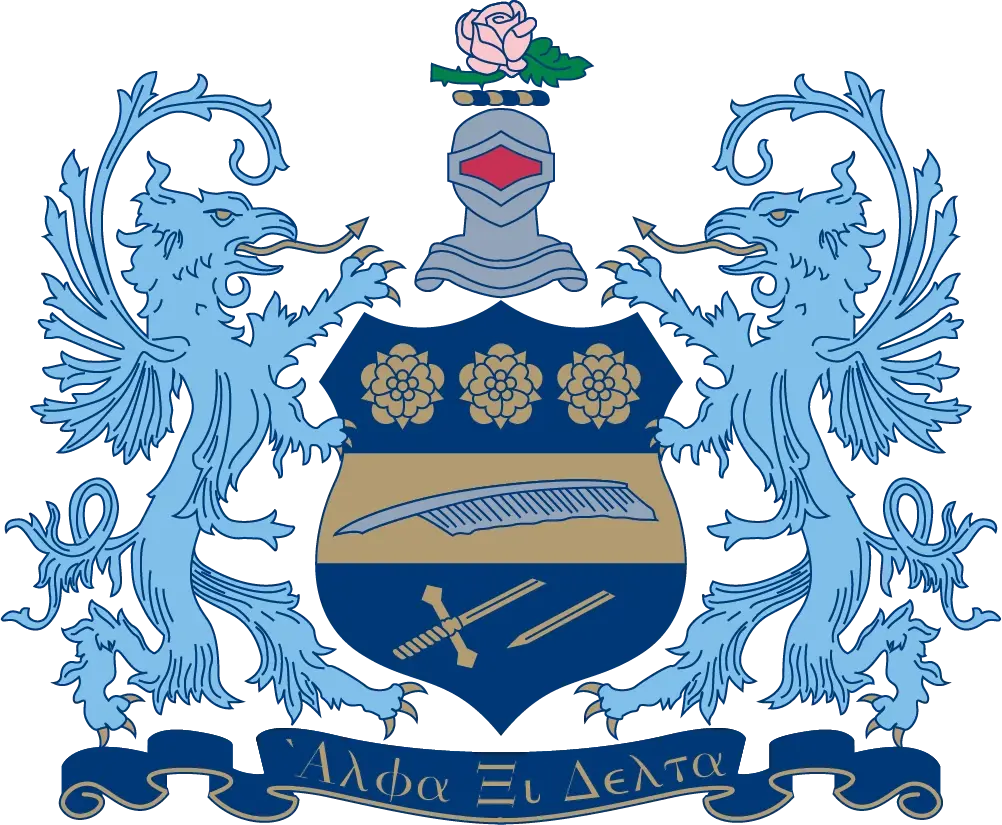 Alpha Xi Delta sorority crest featuring a navy and gold shield with three roses, a quill, and crossed sword and pen, flanked by two blue griffin supporters, topped by a knight's helmet and pink rose, with a navy banner