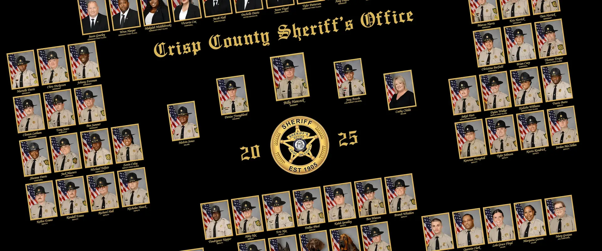 Black sheriff composite with uniformed officers and staff.