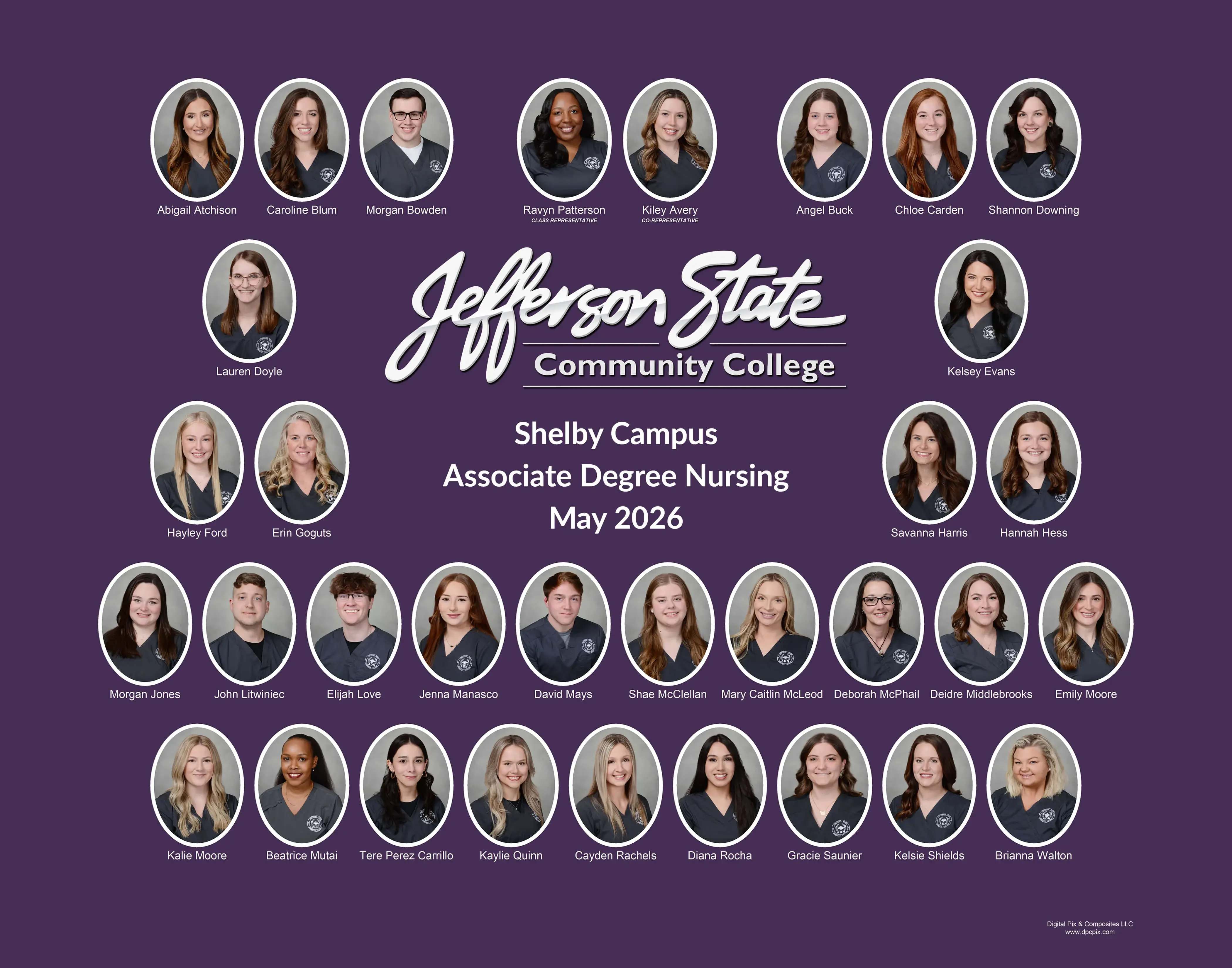 Nursing class graduation composite with oval portrait photos in a white frame arranged in rows with "Jefferson State Community College Shelby Campus Associate Degree Nursing" in the middle on a dark purple background.
