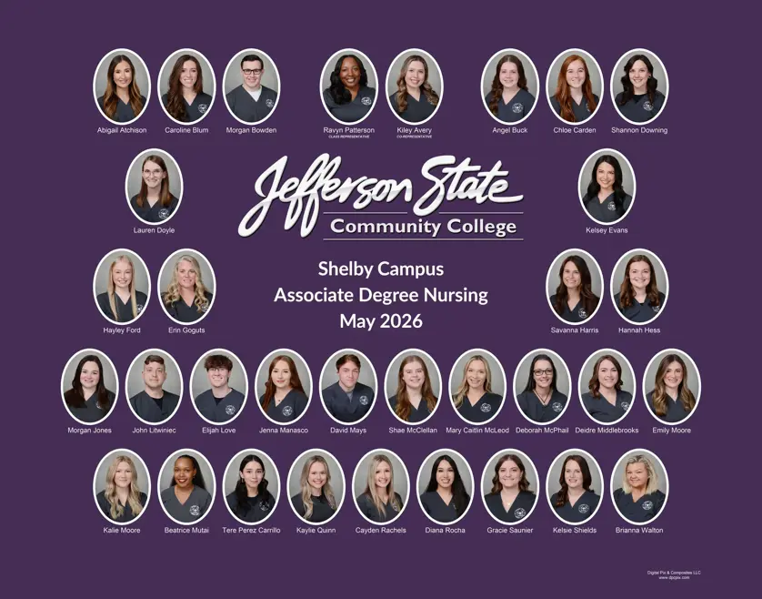 Nursing class graduation composite with oval portrait photos in a white frame arranged in rows with "Jefferson State Community College Shelby Campus Associate Degree Nursing" in the middle on a dark purple background.