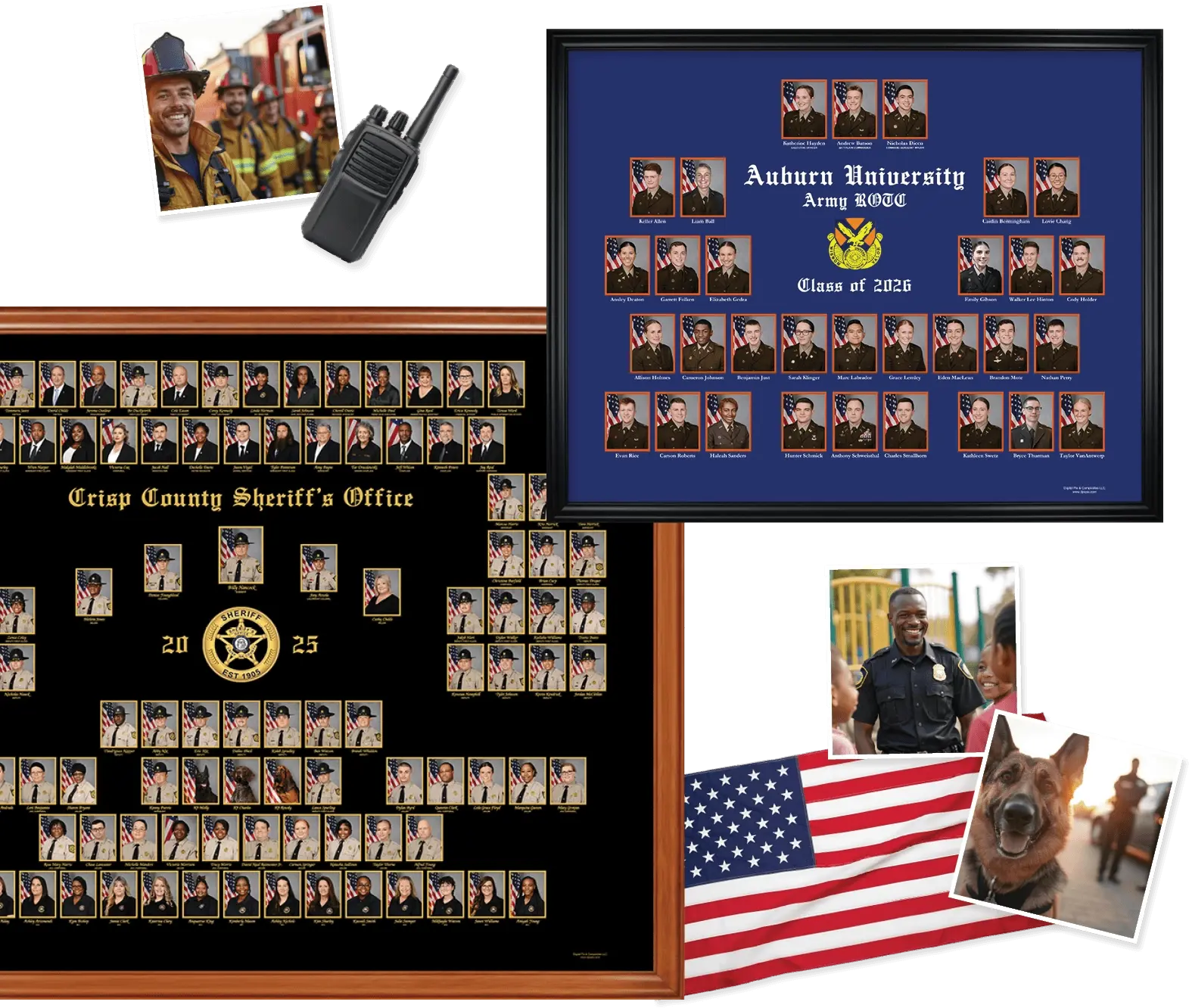 A collage showcasing sample public safety composites, including a large framed Crisp County Sheriff's Office 2025 staff directory on black with gold accents, a framed Auburn University Army ROTC Class of 2026 composite on navy blue, a handheld radio, an American flag, a candid photo of firefighters, a smiling police officer with a child, and a German shepherd K-9. 