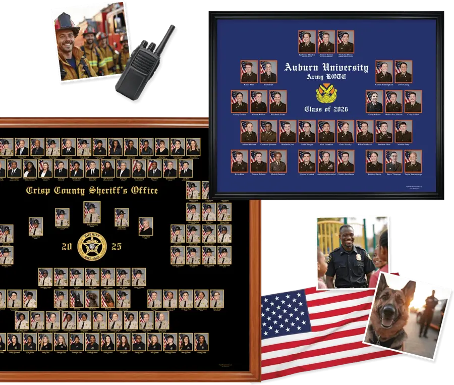 A collage showcasing sample public safety composites, including a large framed Crisp County Sheriff's Office 2025 staff directory on black with gold accents, a framed Auburn University Army ROTC Class of 2026 composite on navy blue, a handheld radio, an American flag, a candid photo of firefighters, a smiling police officer with a child, and a German shepherd K-9. 