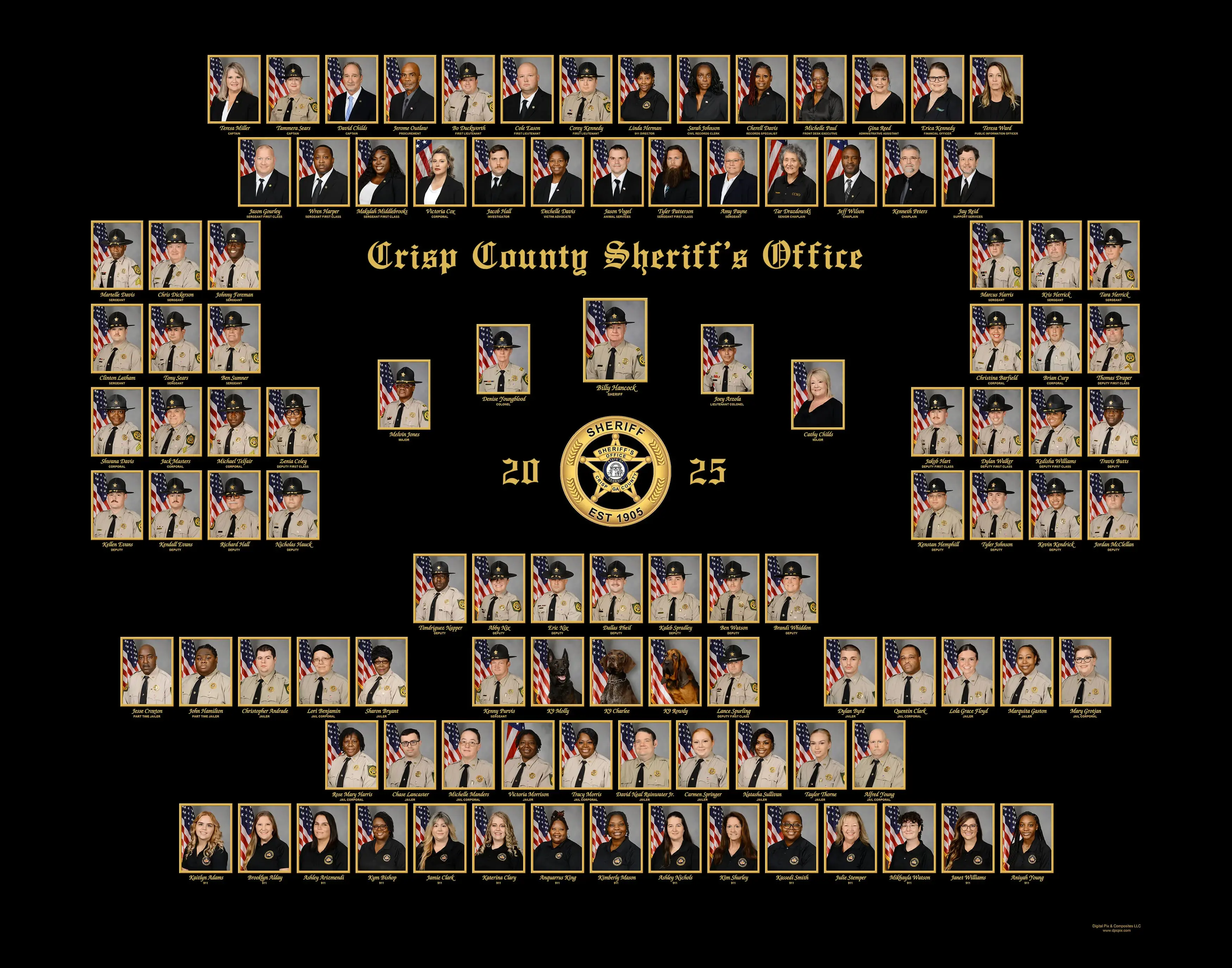 Crisp County Sheriff's Office law enforcement composite with rectangular portrait photos arranged in rows around a central badge and "Crisp County Sheriff's Office 2025" text on a black background with gold accents.