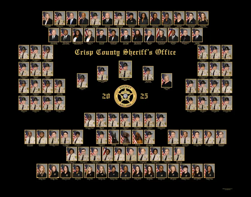 Crisp County Sheriff's Office law enforcement composite with rectangular portrait photos arranged in rows around a central badge and "Crisp County Sheriff's Office 2025" text on a black background with gold accents.