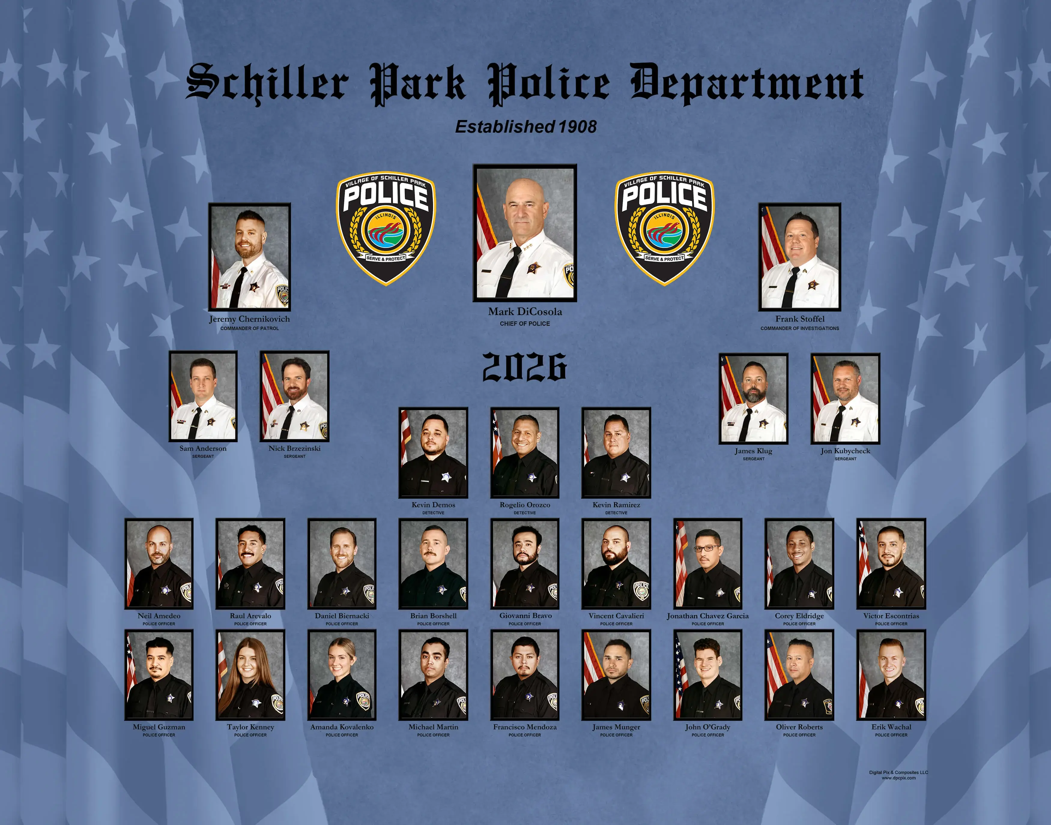 Schiller Park Police Department law enforcement composite with rectangular portrait photos in black frames arranged in rows around a central badge and "Schiller Park Police Department Established 1908 2026" text on a blue American flag background.