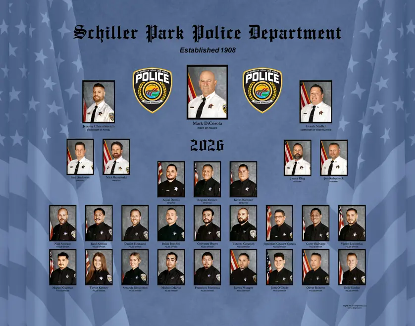 Schiller Park Police Department law enforcement composite with rectangular portrait photos in black frames arranged in rows around a central badge and "Schiller Park Police Department Established 1908 2026" text on a blue American flag background.